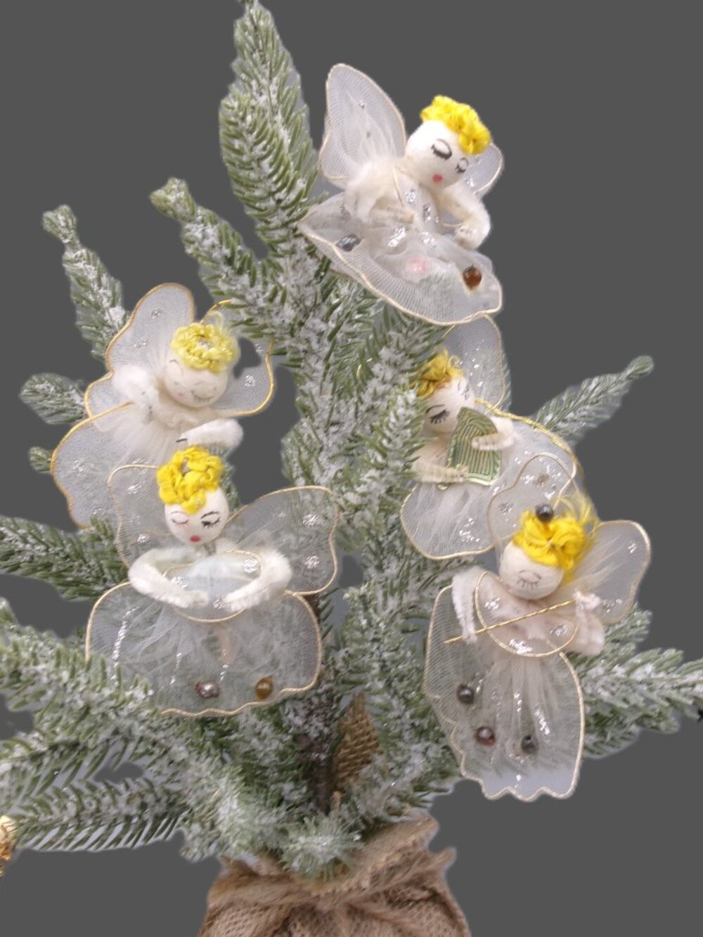 5 Tulle Spun Cotton Angel Ornaments Tie Ons Set, Vintage Christmas Lot